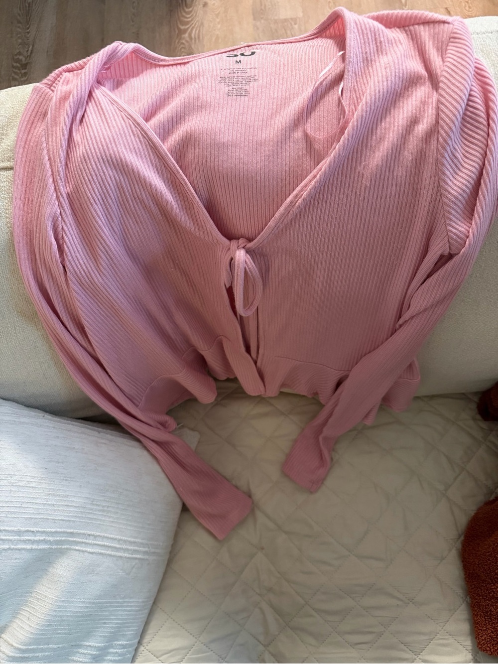 SO Pink Ribbed Tie-Front V-Neck Top
